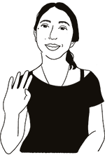A black and white drawing of Sonya, a white woman with black hair pulled back. She is wearing a black shirt and is smiling and waving with her left hand.