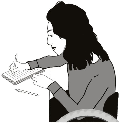  A black and white drawing of Sonya’s profile bent over a desk, writing, while sitting in a wheelchair. She wears a long sleeved grey shirt and holds a pen in one hand, writing in an open notebook with lined paper.