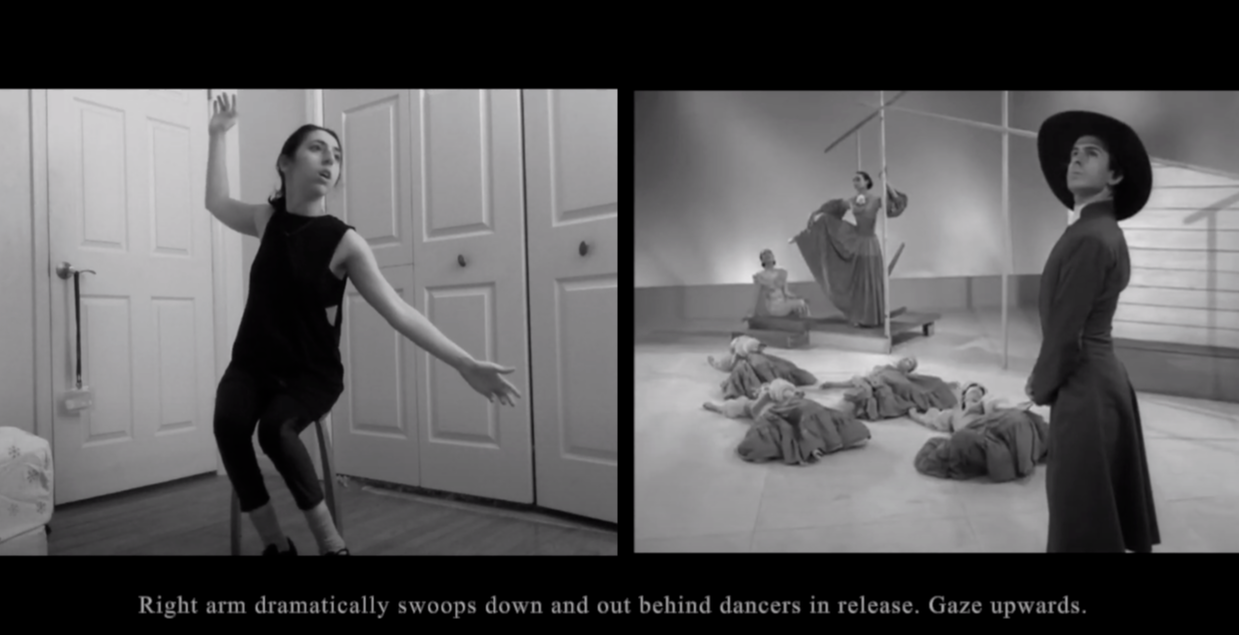 A split screen with two black and white images side by side. Left: Sonya, a petite white spastic woman sits on a stool in black workout clothes looking to the right as her body faces the left. Her arms are in a diagonal with her left arm raised up and back, bent at the elbow, and her right arm is extended in a low diagonal. Her facial expression is alert, with her lips slightly parted. Right: A screencap of the original Appalachian Spring choreographed by Martha Graham. The preacher stands on a profile with his back to the audience in the foreground, His facing turned towards the left to the audience, and his hands clasped. Midground, four prairie women lay down in heavy skirts, splaying their arms similarly to Sonya’s. In the background there are two women, also in heavy skirts, though different from the prairie women. One, played by Martha Graham, stands leaning a wooden frame, facing left with her outside leg raised off the ground, and hand on the skirt near the lifted leg. Blow both images is a single line of visual description in white text on a black background.