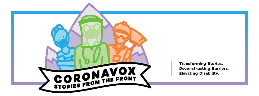 The graphic for Phamaly Theatre Company’s CoronaVox: Stories To The Front- three cartoon figures wearing masks in blue, green, and orange, respectively, stand in front of a purple cartoon mountain range. In the foreground is a white banner with the title of show in black text.