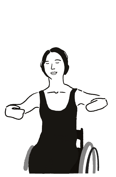 A black and white animation of Sonya moving through balletic arm movements while sitting in a wheelchair: she begins in second position, then brings her arms together into first, and then up into fifth, and then the animation resets and restarts. Her eyes are closed and she is smiling. Her hair is in a bun and she is wearing a black tank top and pants.